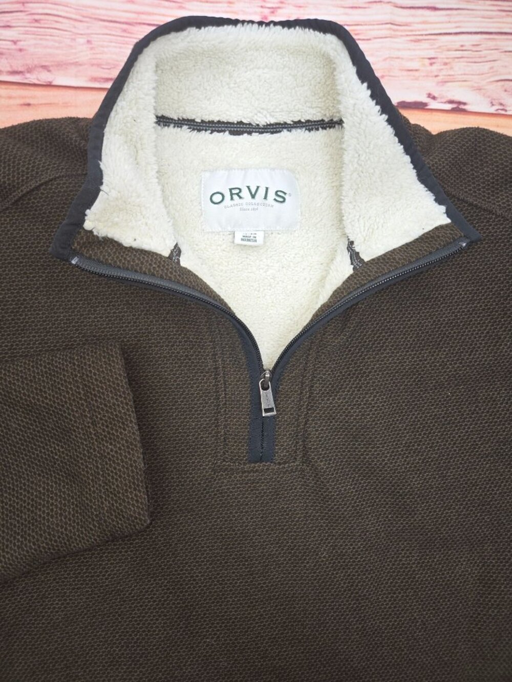 Orvis Mens Brown 1/4 Zip Pullover Sherpa Jacket XL - Picture 3 of 7
